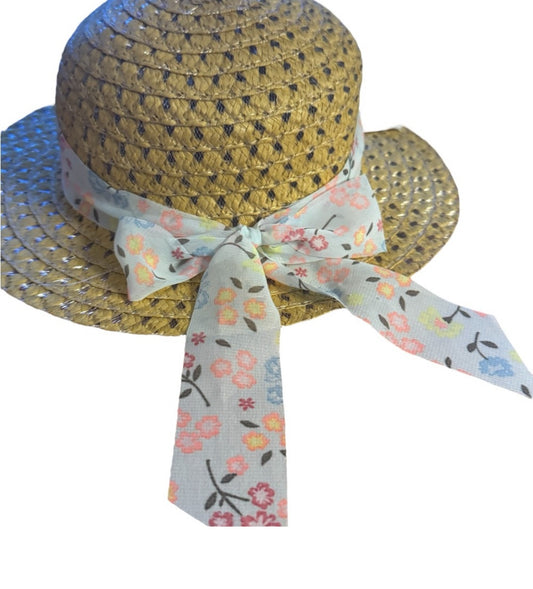 Girls Yellow Straw Hat with Floral Ribbon