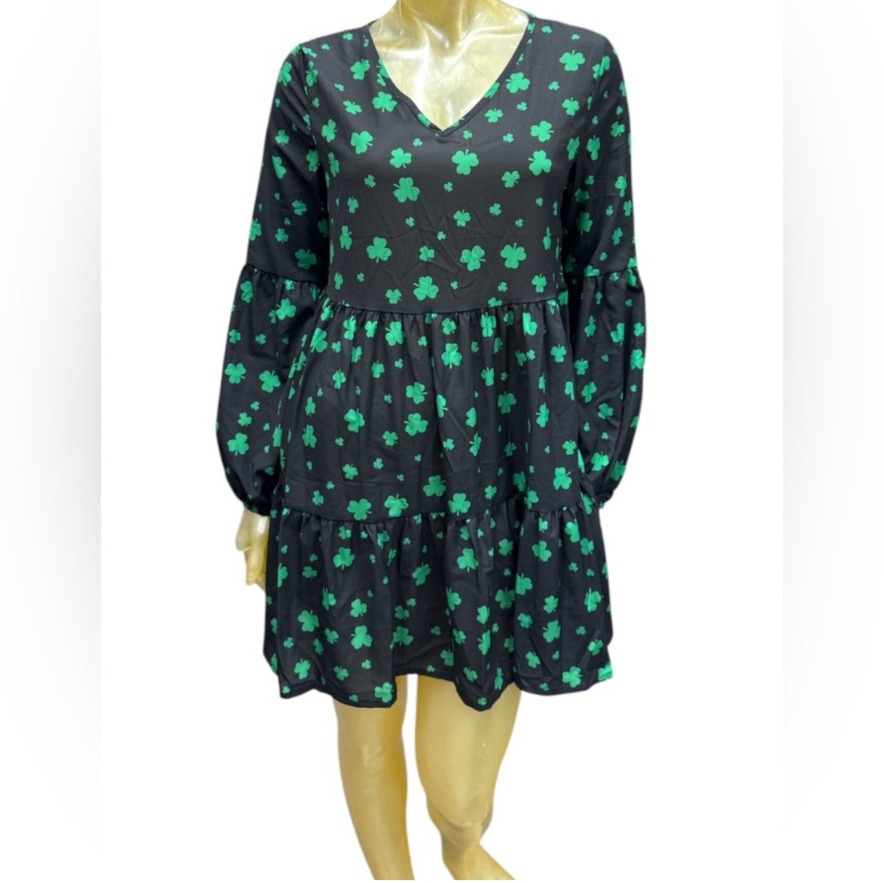 Roshop Black Dress with Green Clover Print
