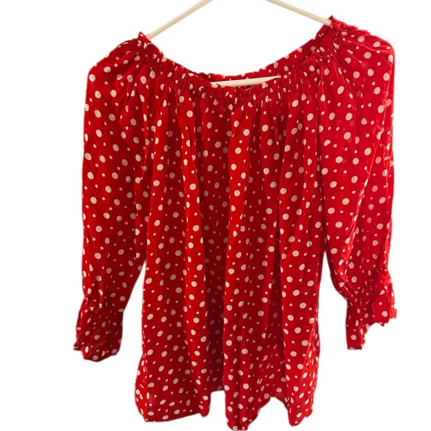 Pre-Love Grand & Greene Red Polka Dot Off-Shoulder Blouse