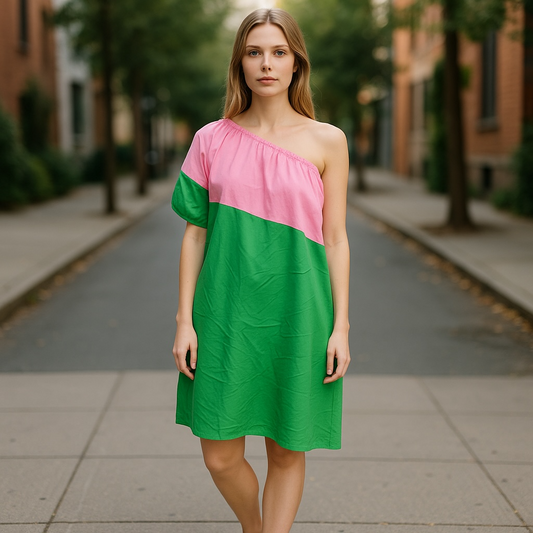 Vibrant Pink and Orange Off-Shoulder Dress