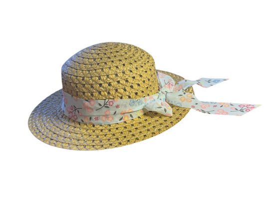 Girls Yellow Straw Hat with Floral Ribbon