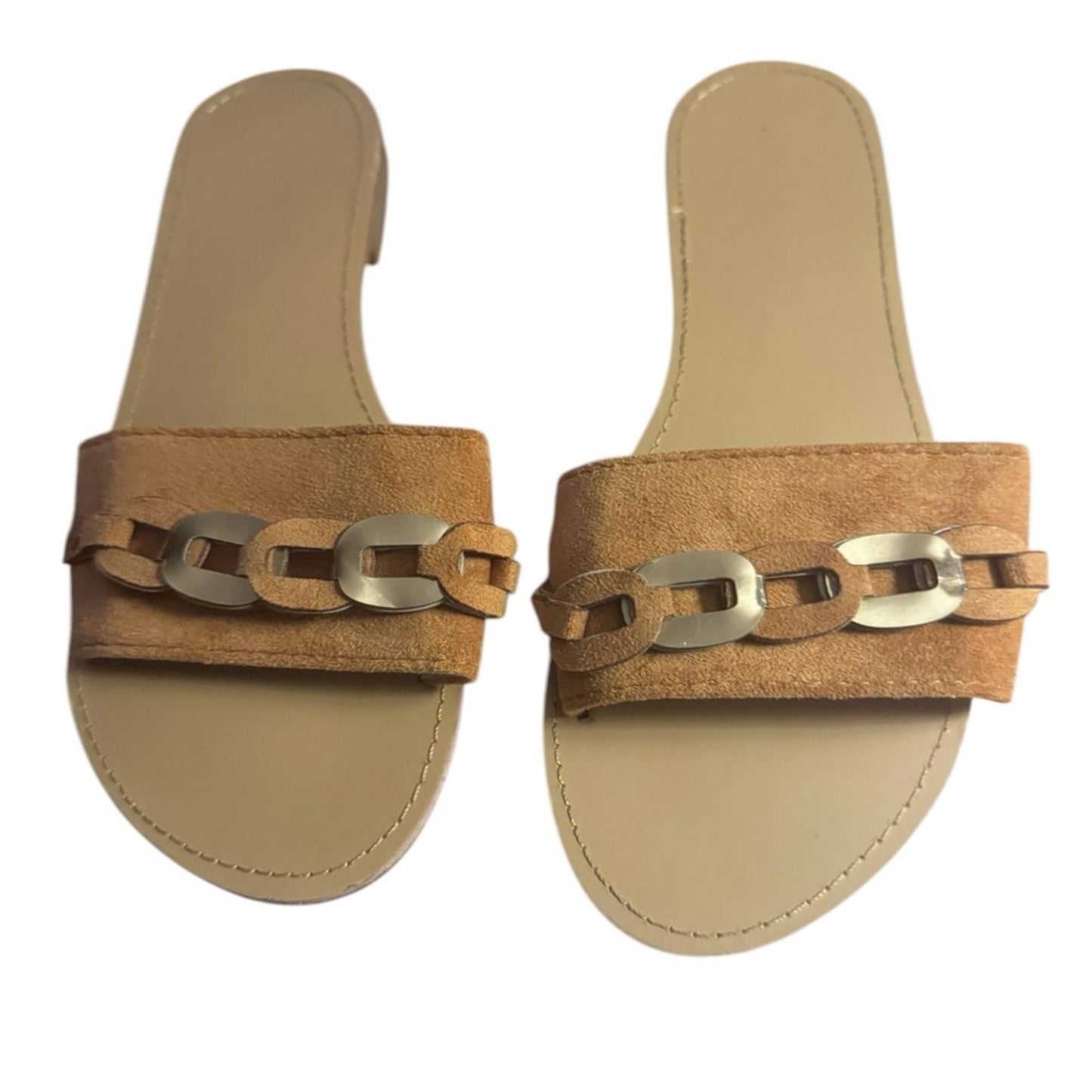 Pre-Love Chain-Embellished Tan Slide Sandals