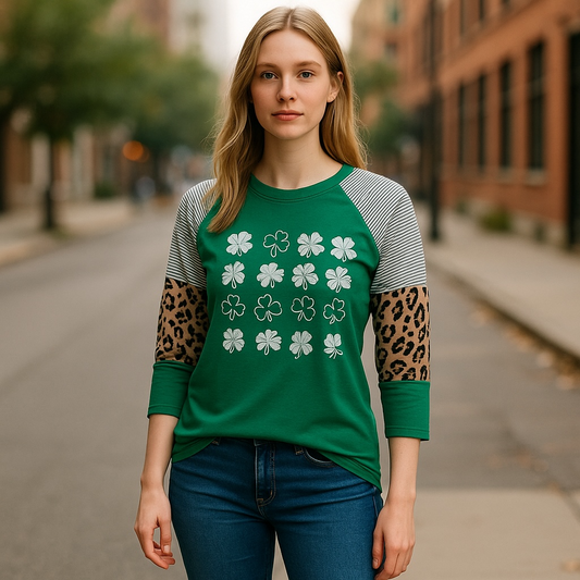 Green Raglan Shirt with Shamrock Design