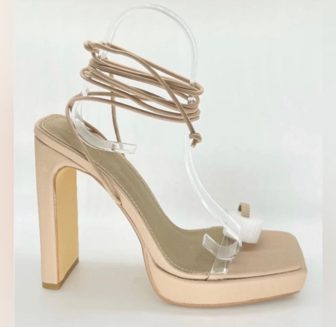 Lemonade-Elegant Beige Strappy Heels, Square Heel Square toe