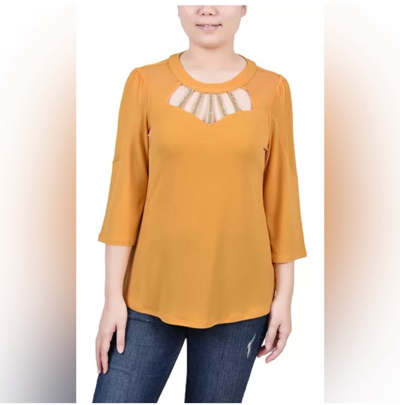 NY collection Women's petite 3/4 sleeve top with neckline cutouts and stone