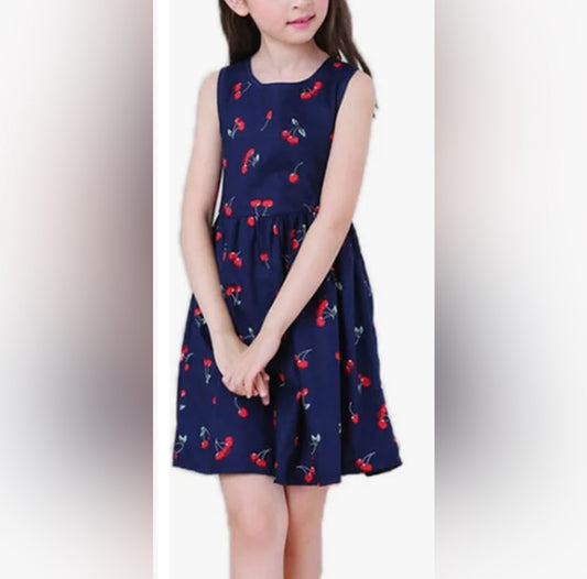 PatPat Navy Blue Cherry Print Kids Dress