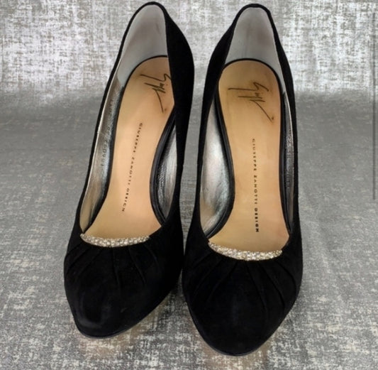 GIUSEPPE ZANOTTI BLACK SUEDE HEELS W/CRYSTAL