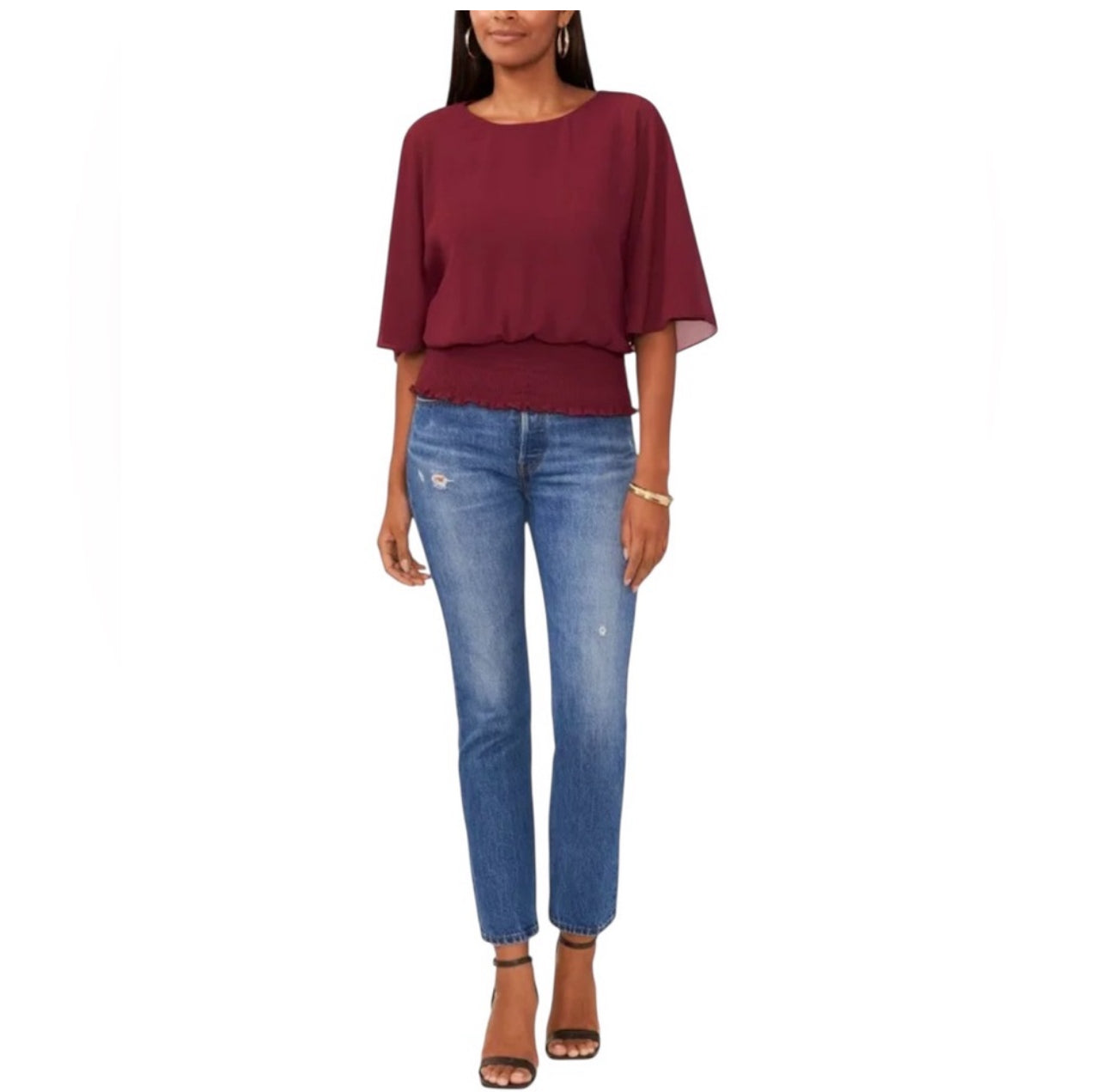 Sam and Jess Burgundy Women's Smocked-Waist Blouse