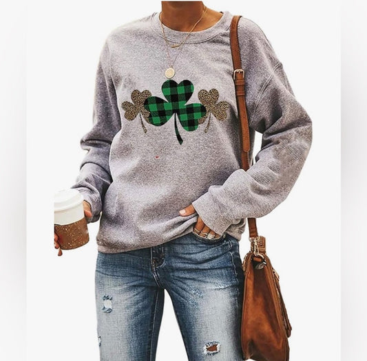 Gray Sweatshirt with Green and Brown Shamrock Design