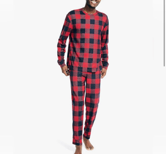 Nautica Men's L/S Crew Tee and Jogger Waffle Knit Plaid Pajama Pant Set