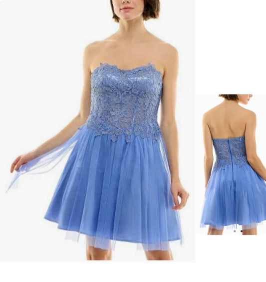 BCX Blue Lace Strapless Dress