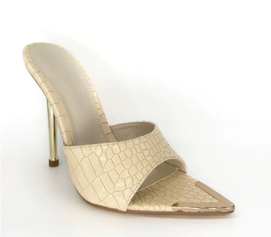 Mixx Shuz-Elegant Cream Stiletto Mules with gold tone toes