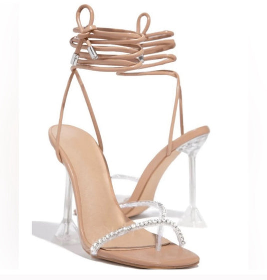 So Me-Elegant Tan ankle Strappy clear Heels square toe