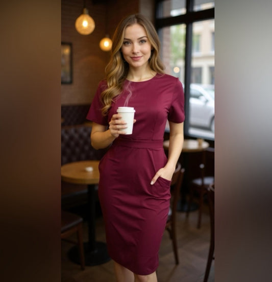 Women’s burgundy short sleeve with pockets dress