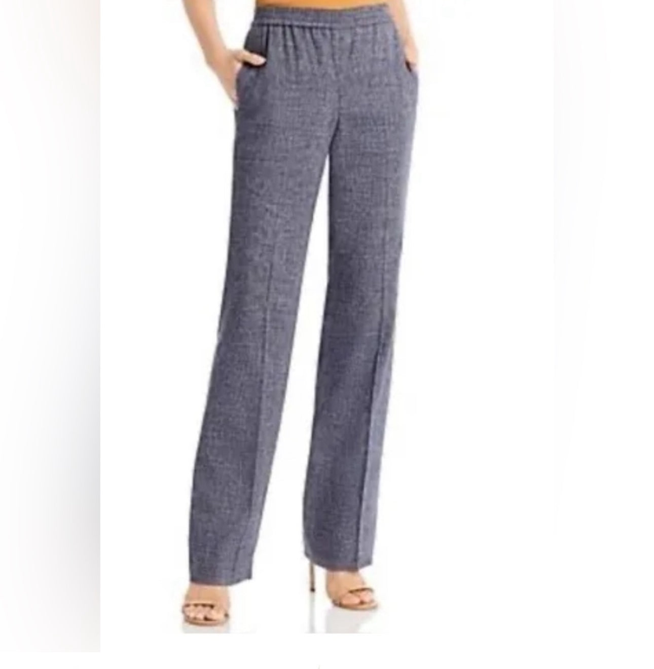 Theory Linen Blend Straight Pull On Pants Navy Melange Eco Sharkskin