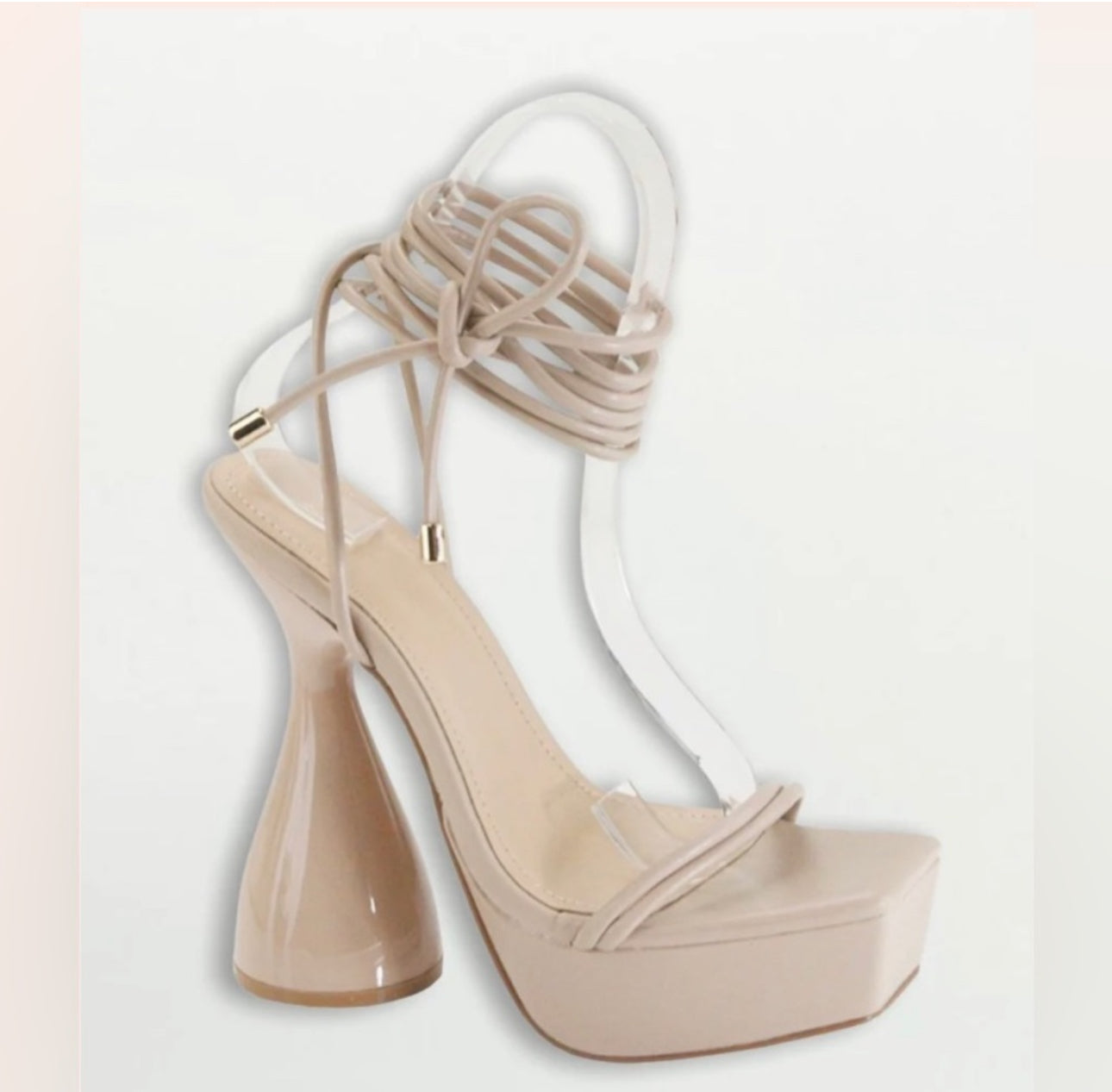 Bella Marie - Elegant Beige Platform round Heels, square toe, ankle tie strap