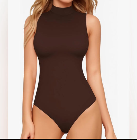 OQQ Ribbed Brown Sleeveless Bodysuit
