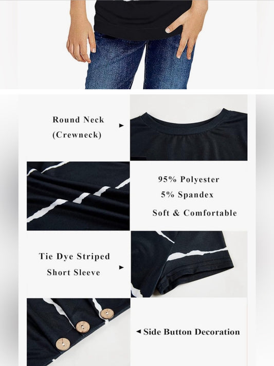 Girls Casual Short Sleeve T Shirts Crewneck Tunic Tops Kids Button Striped