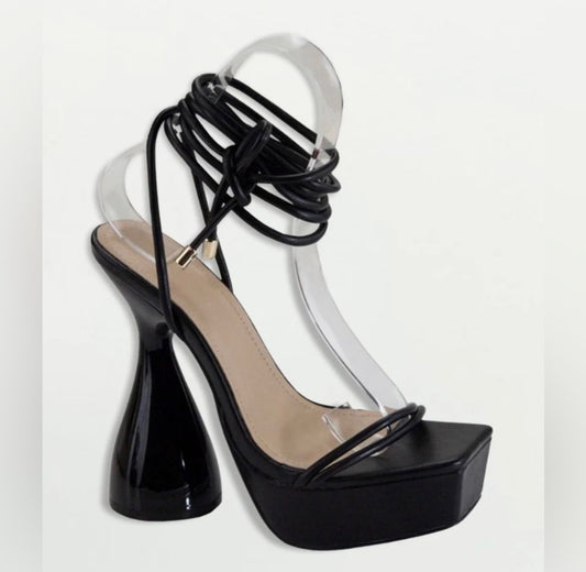 Bella Marie-Elegant Black Platform round Heels, square toe, ankle tie strap