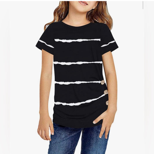 Girls Casual Short Sleeve T Shirts Crewneck Tunic Tops Kids Button Striped
