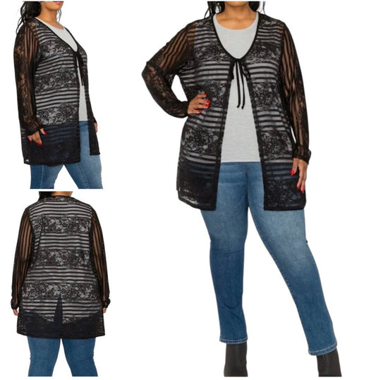 Coin1804 Women’s Plus Tie Front Black Lace Kimono