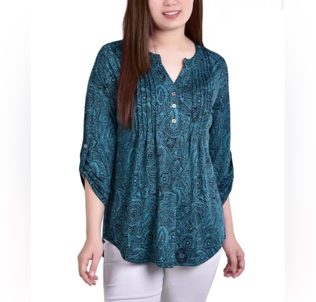 NY collections Teal Paisley Button-Up Blouse