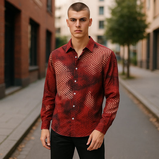 Red Geometric Patterned Button-Up long sleeve Shirt