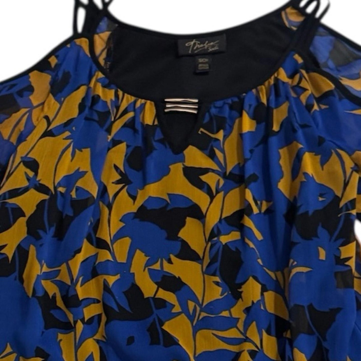 Pre-Love Elegant Women's Cold Shoulder Blouse in Blue and Gold