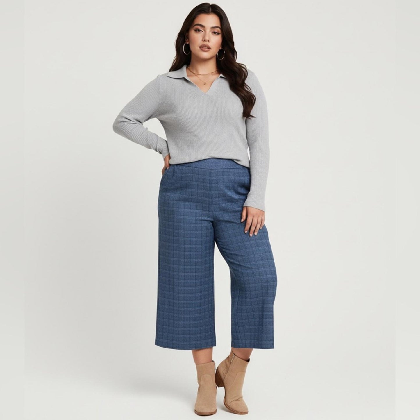 Vince Camuto Blue Checkered Wide-Leg Pants