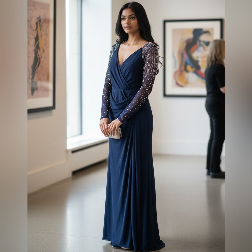 Betsy & Adam Navy Blue Embellished Sheer Sleeve Wrap Maxi Dress