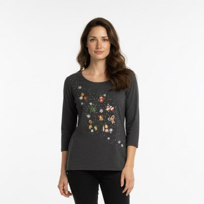 Pre-Love Karen Scott Dark Gray Graphic Long Sleeve Top