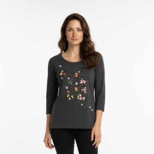 Pre-Love Karen Scott Dark Gray Graphic Long Sleeve Top