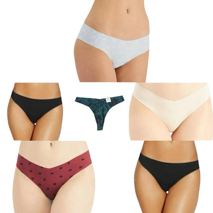 Set/6 of Seamless Thong Panties in Black, Cream, baby blue Daisy, green and Red