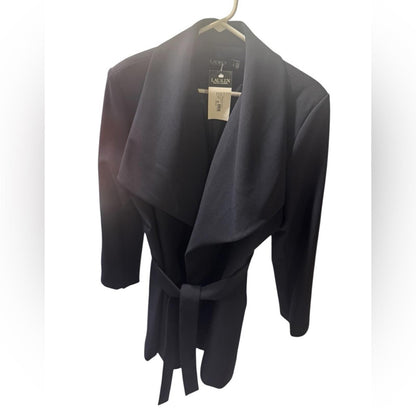 Elegant Dark Navy Blue Crepe Belted Drape Front Coat