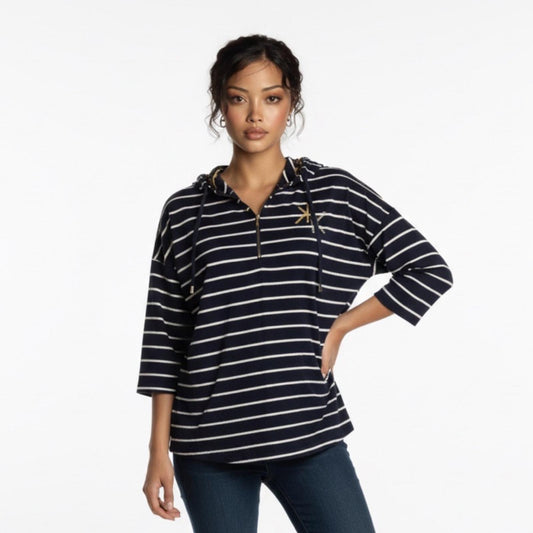 Pre-Love Kardashian Kollection Navy and White Striped Hoodie with Gold Accent
