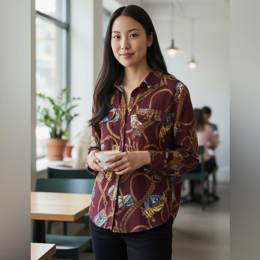 Lauren, Ralph Lauren Women's Burgundy Patterned Button-Up Shirt