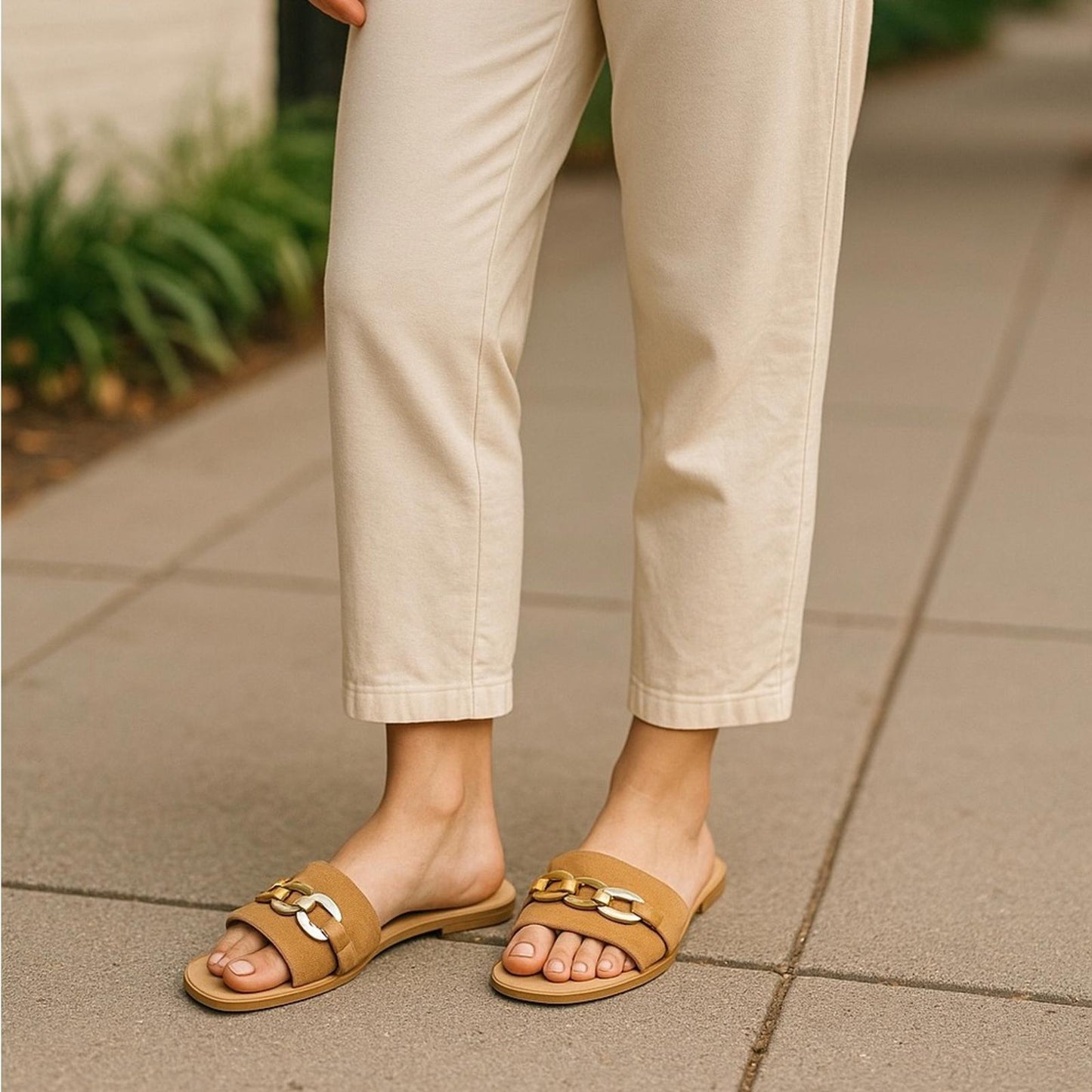 Pre-Love Chain-Embellished Tan Slide Sandals