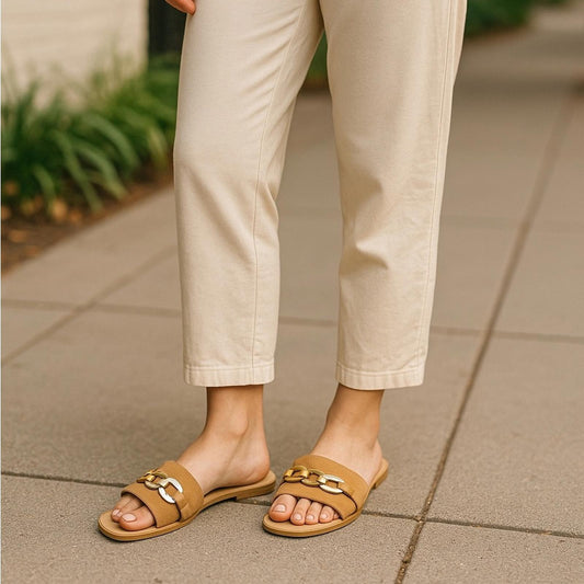 Pre-Love Chain-Embellished Tan Slide Sandals