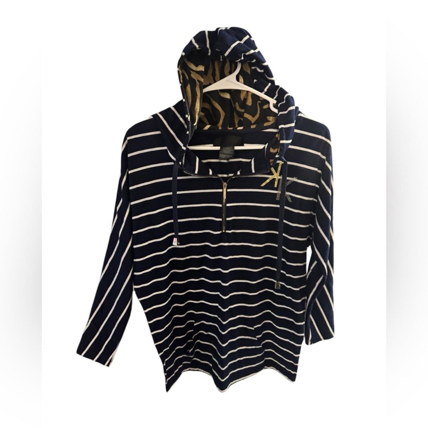 Pre-Love Kardashian Kollection Navy and White Striped Hoodie with Gold Accent