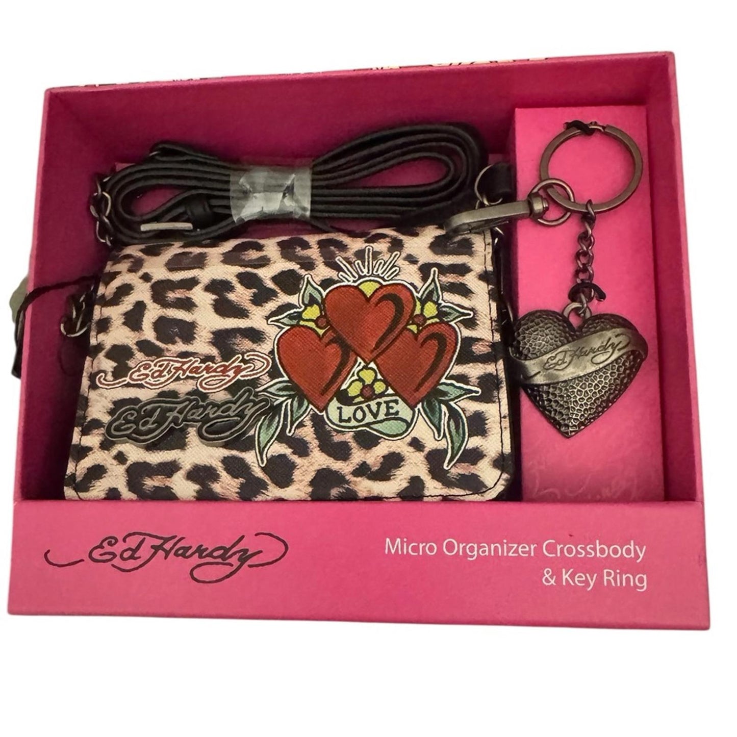Ed Hardy Leopard Print Organizer Crossbody Bag with Heart Accents & Key Ring