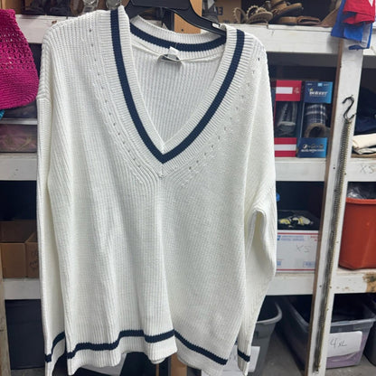 On 34th White V-Neck Sweater with Blue Trim
