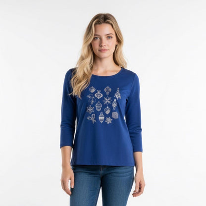 Pre-Love Karen Scott Royal Blue Holiday Graphic Top