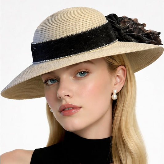 Elegant Tan Sun Hat with black Accent