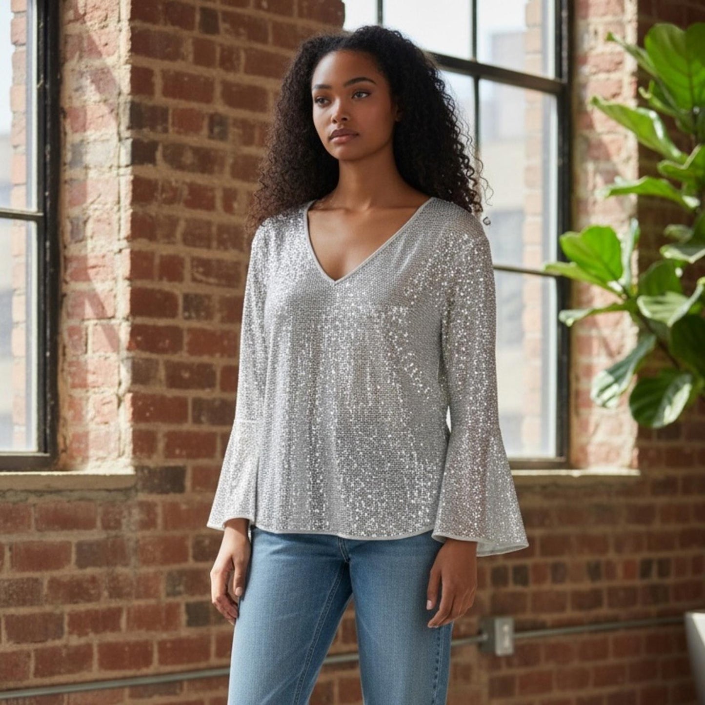 Vince Camuto Silver Sequin V-Neck Top