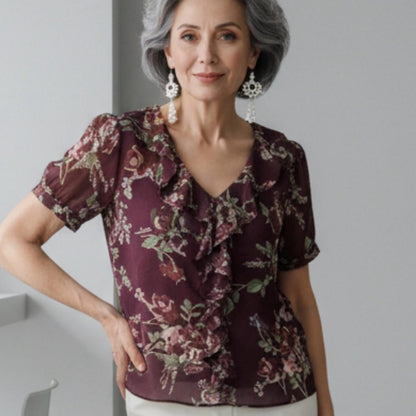 Lauren Ralph Lauren Plum Floral Ruffle Blouse