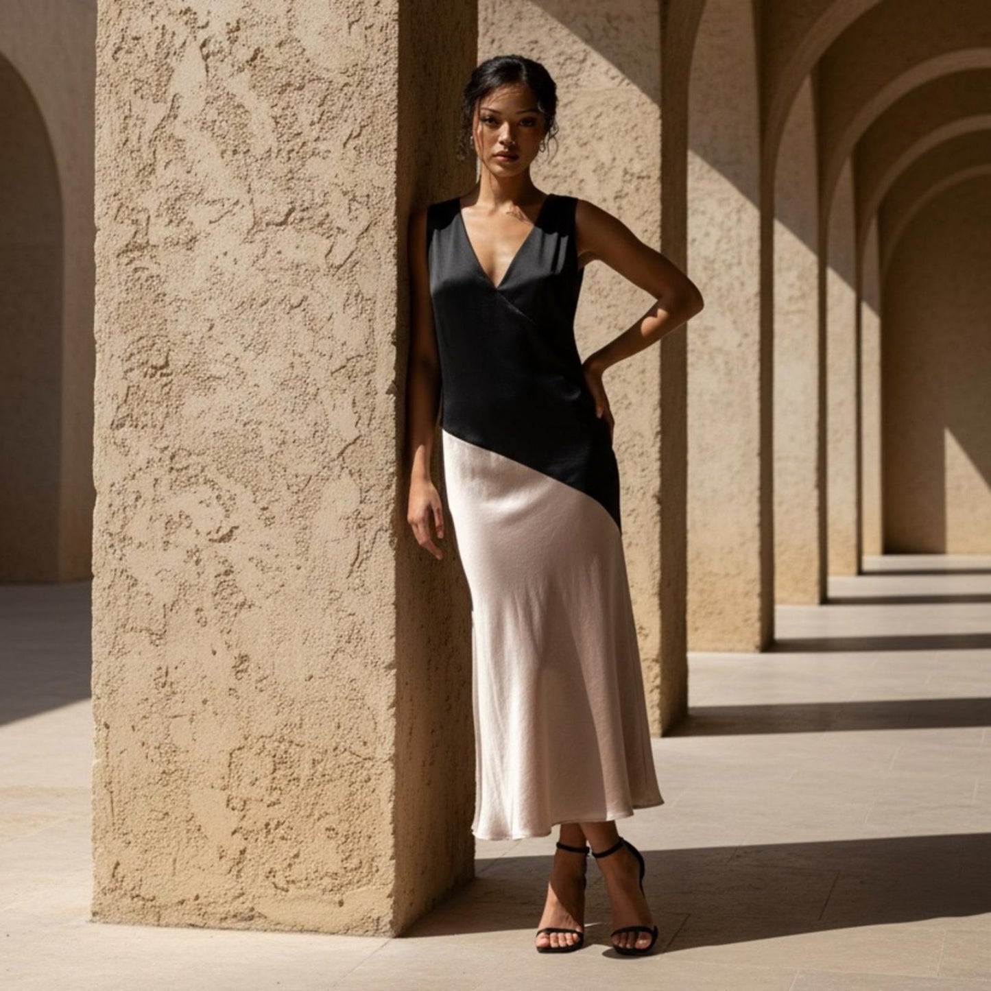 DKNY Asymmetrical Black and Cream Dress