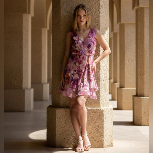 Xscape Pink and Purple Floral Midi Dress