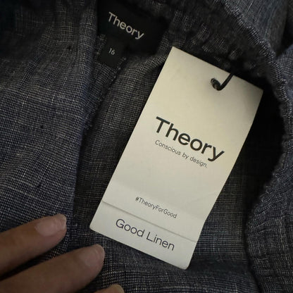 Theory Linen Blend Straight Pull On Pants Navy Melange Eco Sharkskin