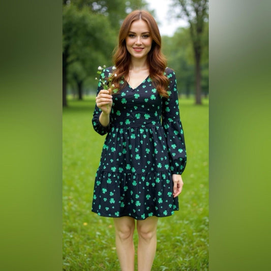 Roshop Black Dress with Green Clover Print