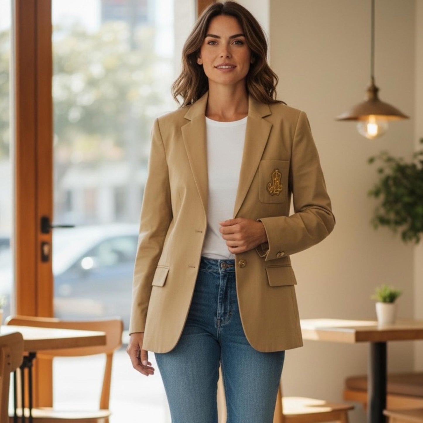 Lauren Ralph Lauren Tan Blazer with RL Embroidered Crest